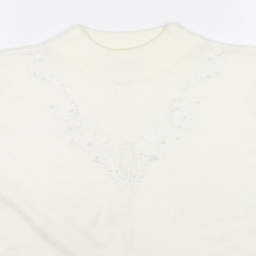 Bonmarché Womens White Round Neck Acrylic Pullover Jumper Size M - Beaded Detail