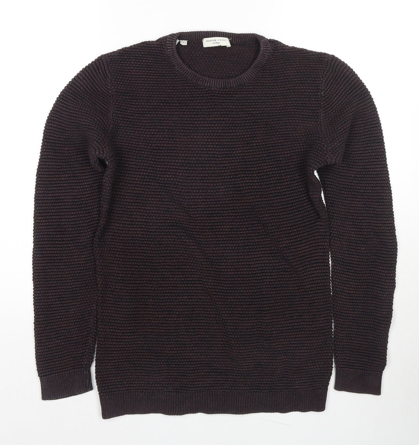 Selected Homme Mens Brown Round Neck Cotton Pullover Jumper Size S Long Sleeve