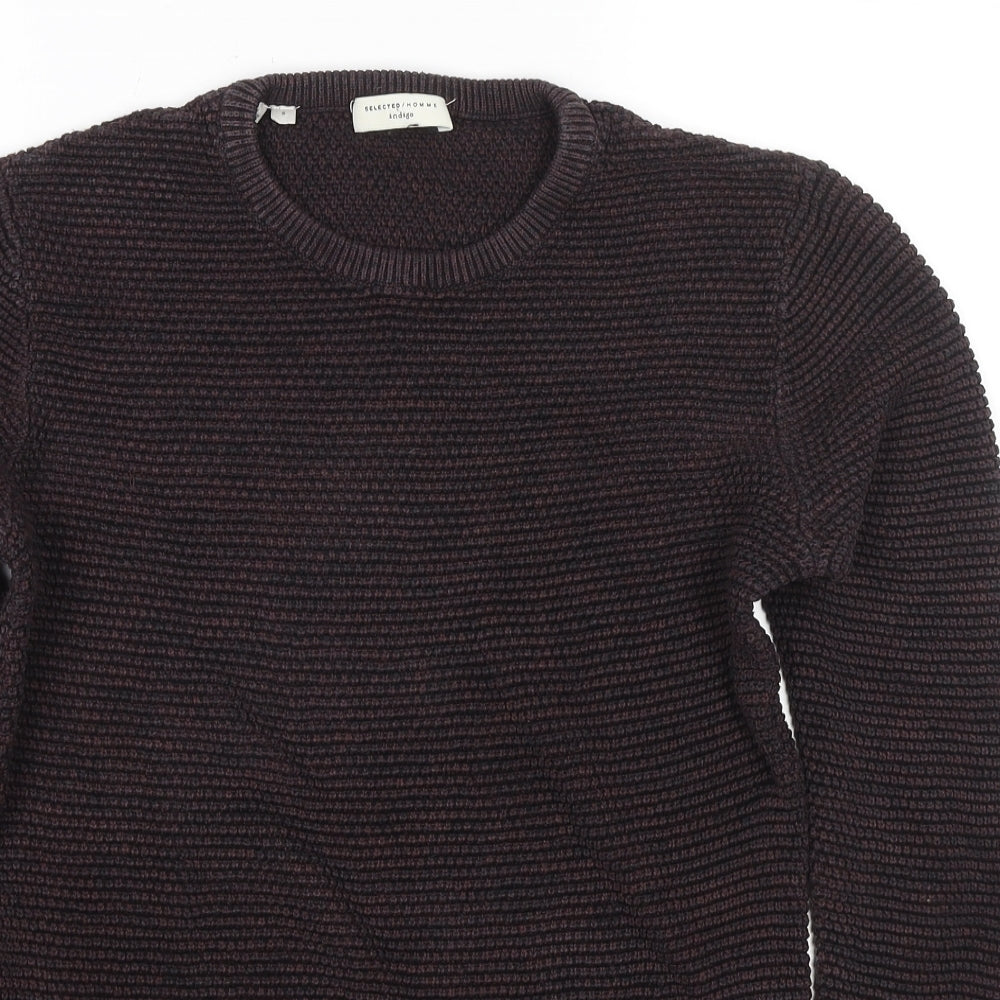 Selected Homme Mens Brown Round Neck Cotton Pullover Jumper Size S Long Sleeve