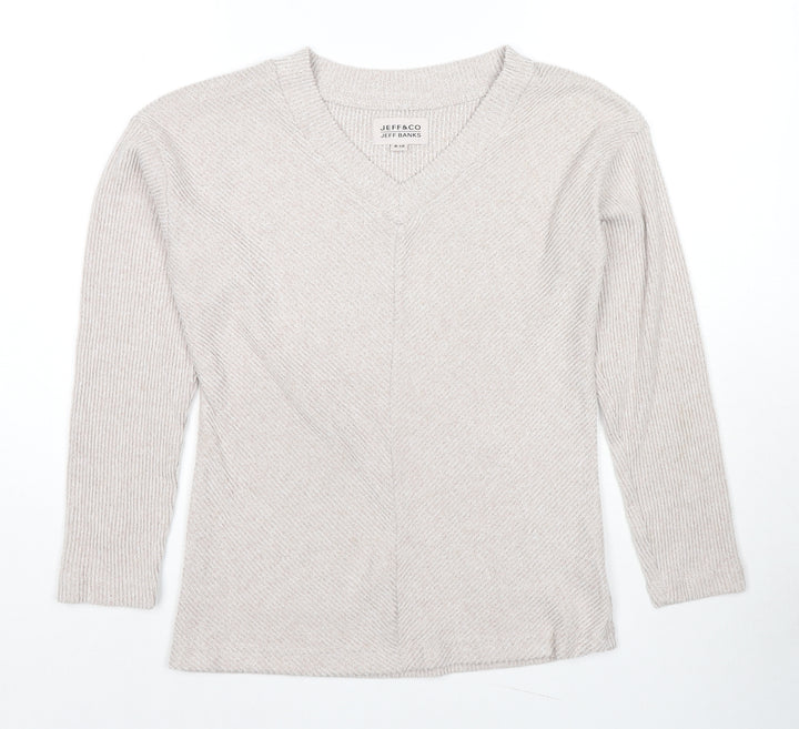 Jeffrey Banks Womens Beige V-Neck Polyester Pullover Jumper Size 8 - Size 8-10