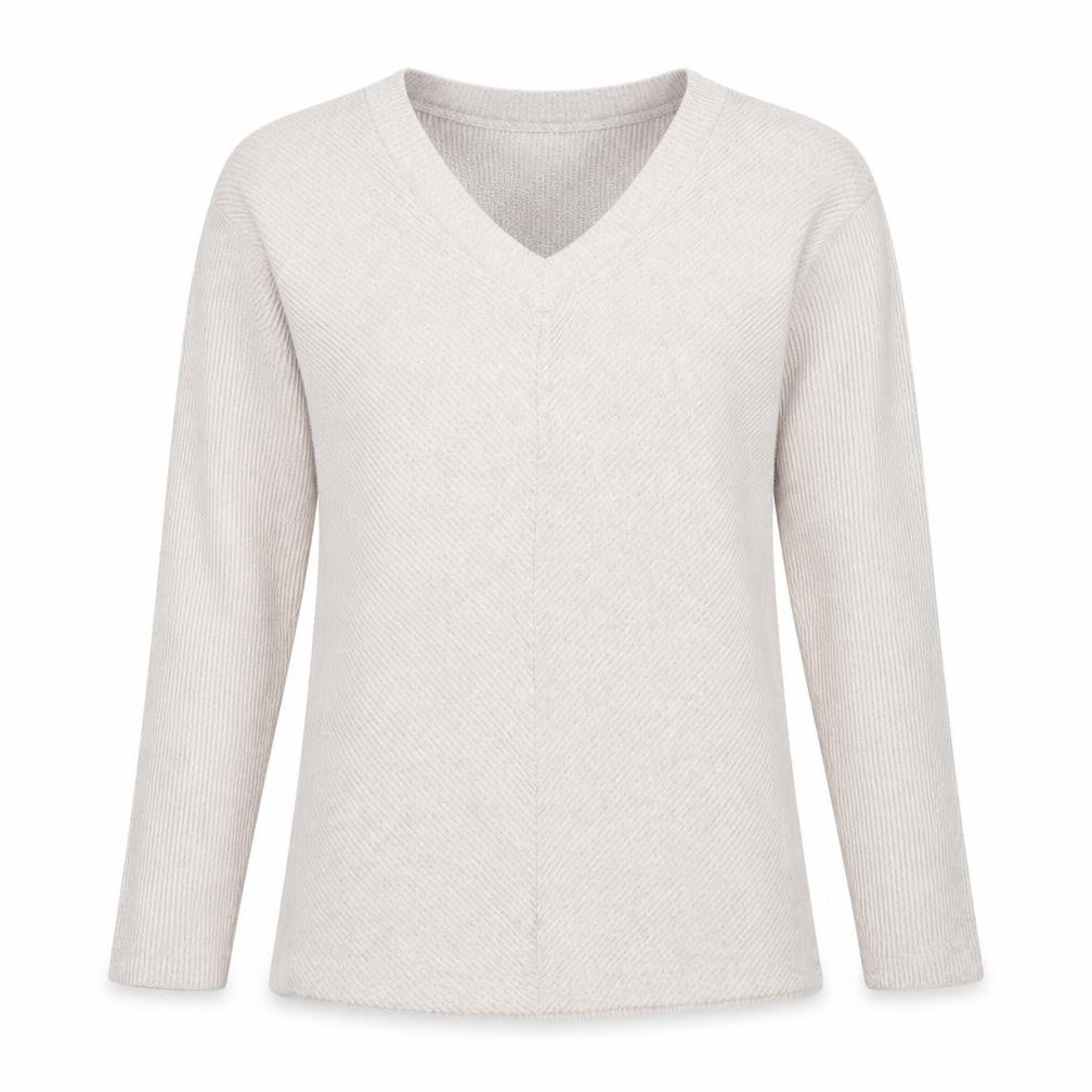 Front view of Jeffrey Banks women’s beige v-neck polyester jumper, size UK 8, -, size UK 8-10