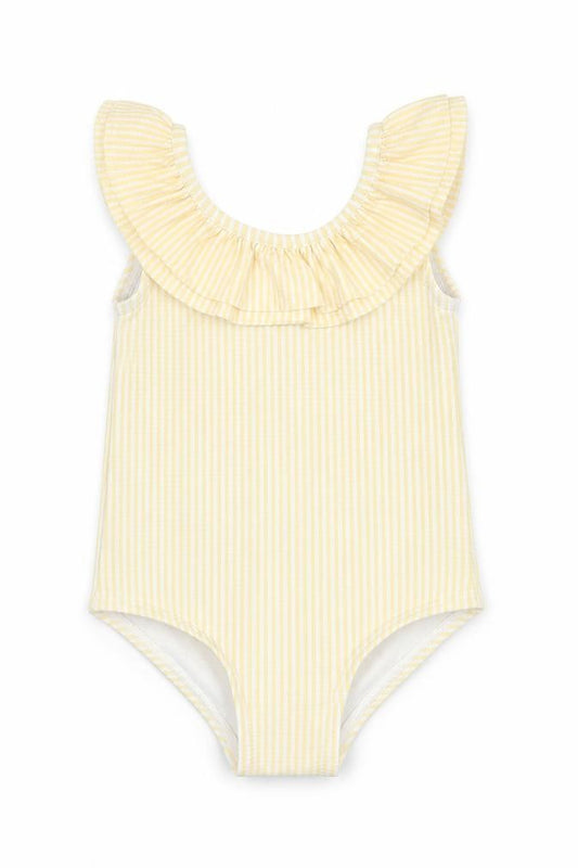 Front view of Marks & Spencer girls’ yellow striped polyester bodysuit outfit/set, months pullover - swimming costume