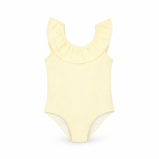 Front view of Marks & Spencer girls’ yellow striped polyester bodysuit outfit/set, months pullover - swimming costume