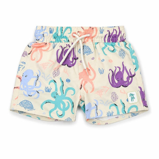Front view of Marks & Spencer boys’ beige geometric polyester shorts outfit/set, months drawstring - swim short, octopus