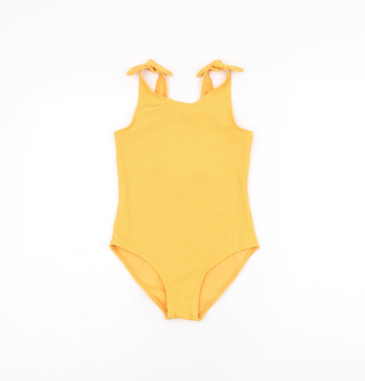 Marks and Spencer Girls Orange Polyester Bodysuit One-Piece Size 9-10 Years Pullover - Swimming Costume
