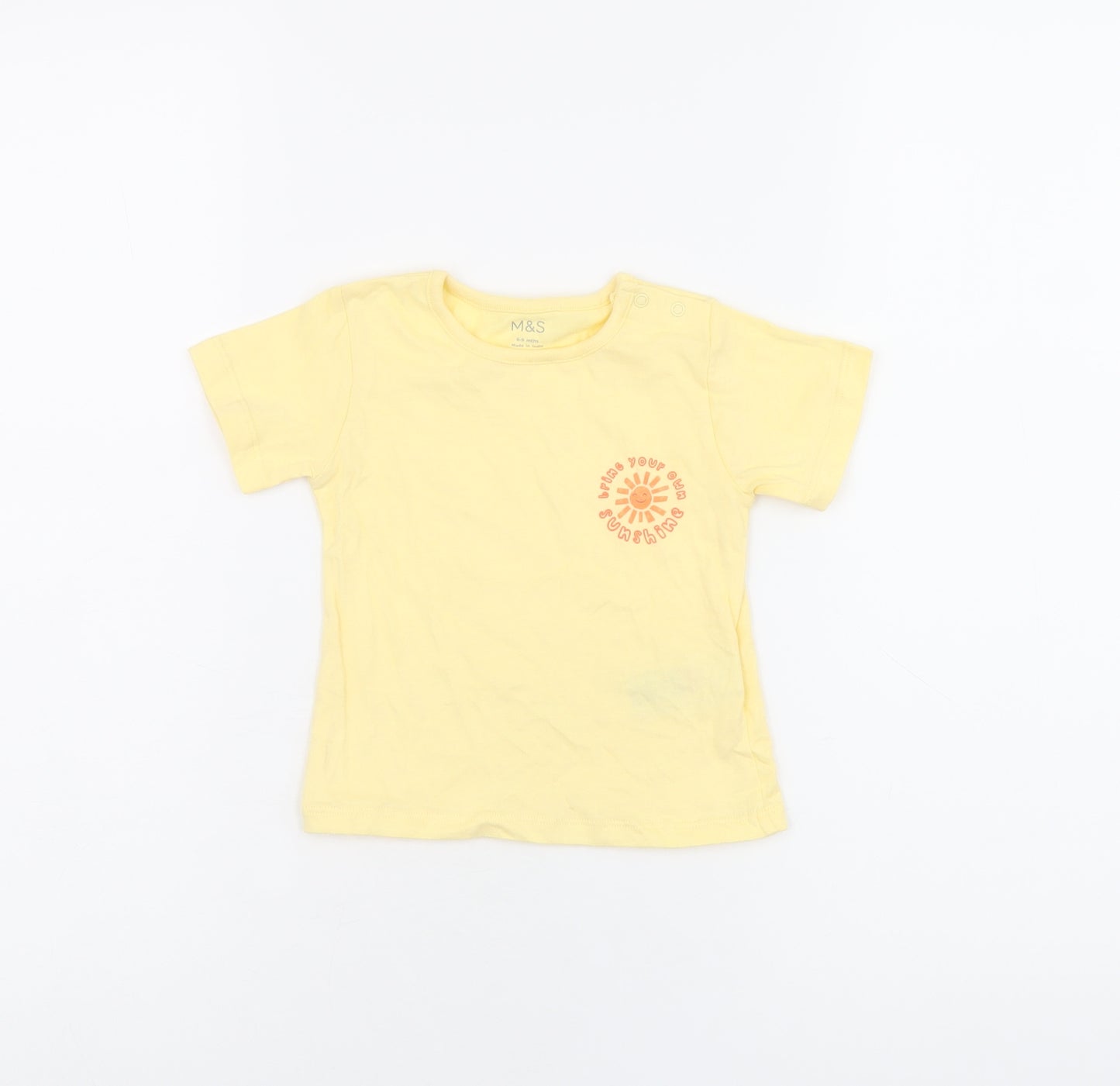 Marks and Spencer Baby Yellow Cotton Basic T-Shirt Size 6-9 Months Round Neck Snap - Bring Your Own Sunshine