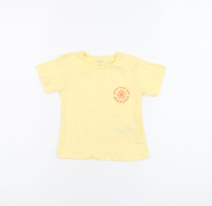 Marks and Spencer Baby Yellow Cotton Basic T-Shirt Size 6-9 Months Round Neck Snap - Bring Your Own Sunshine