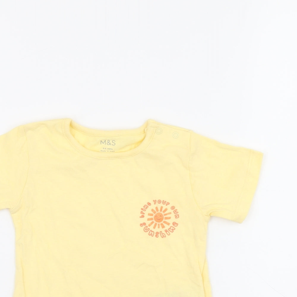Marks and Spencer Baby Yellow Cotton Basic T-Shirt Size 6-9 Months Round Neck Snap - Bring Your Own Sunshine