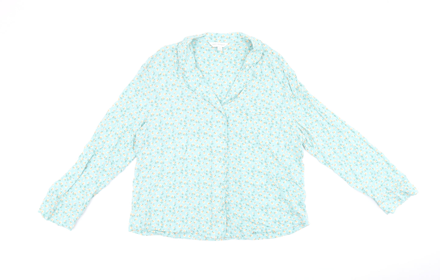 Marks and Spencer Womens Blue Floral Viscose Basic Button-Up Size 16 Collared