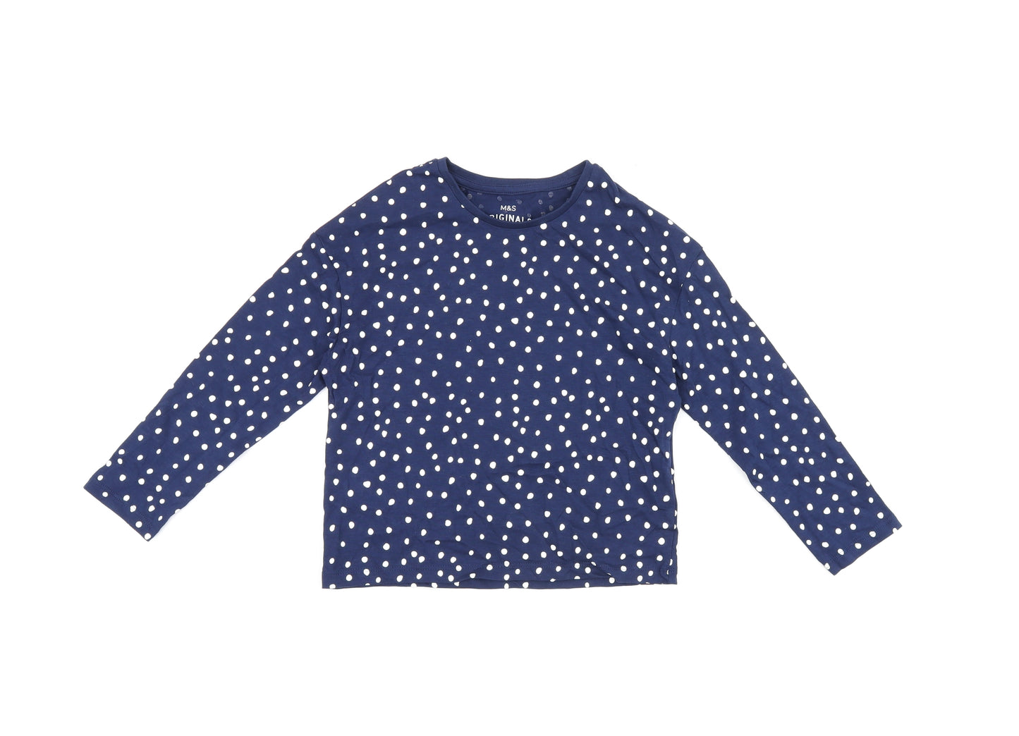 Marks and Spencer Girls Blue Polka Dot Cotton Basic T-Shirt Size 4-5 Years Round Neck Pullover