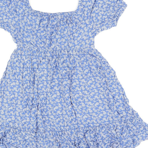 Marks and Spencer Girls Blue Floral Viscose A-Line Size 8-9 Years Square Neck Pullover