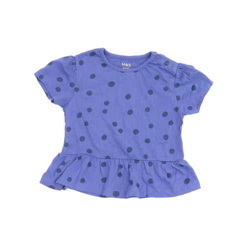 Marks and Spencer Girls Blue Polka Dot Cotton Basic T-Shirt Size 18-24 Months Round Neck Snap