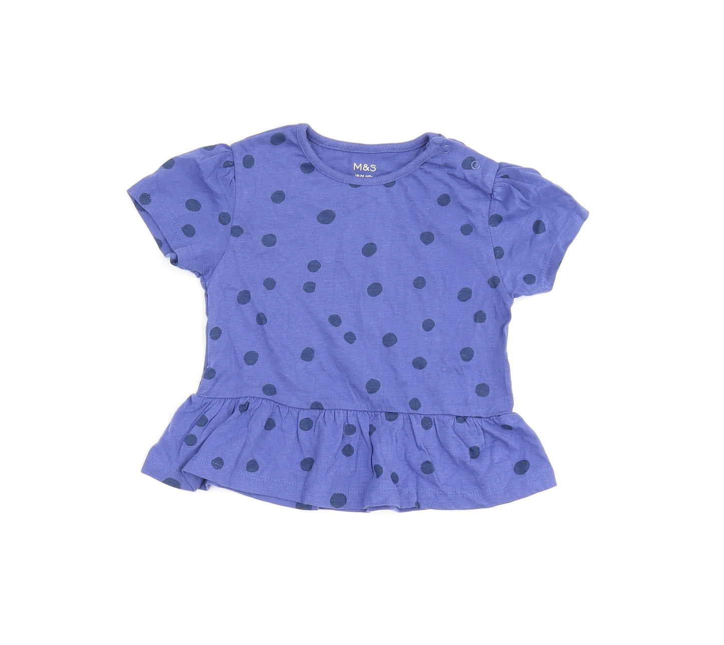 Marks and Spencer Girls Blue Polka Dot Cotton Basic T-Shirt Size 18-24 Months Round Neck Snap