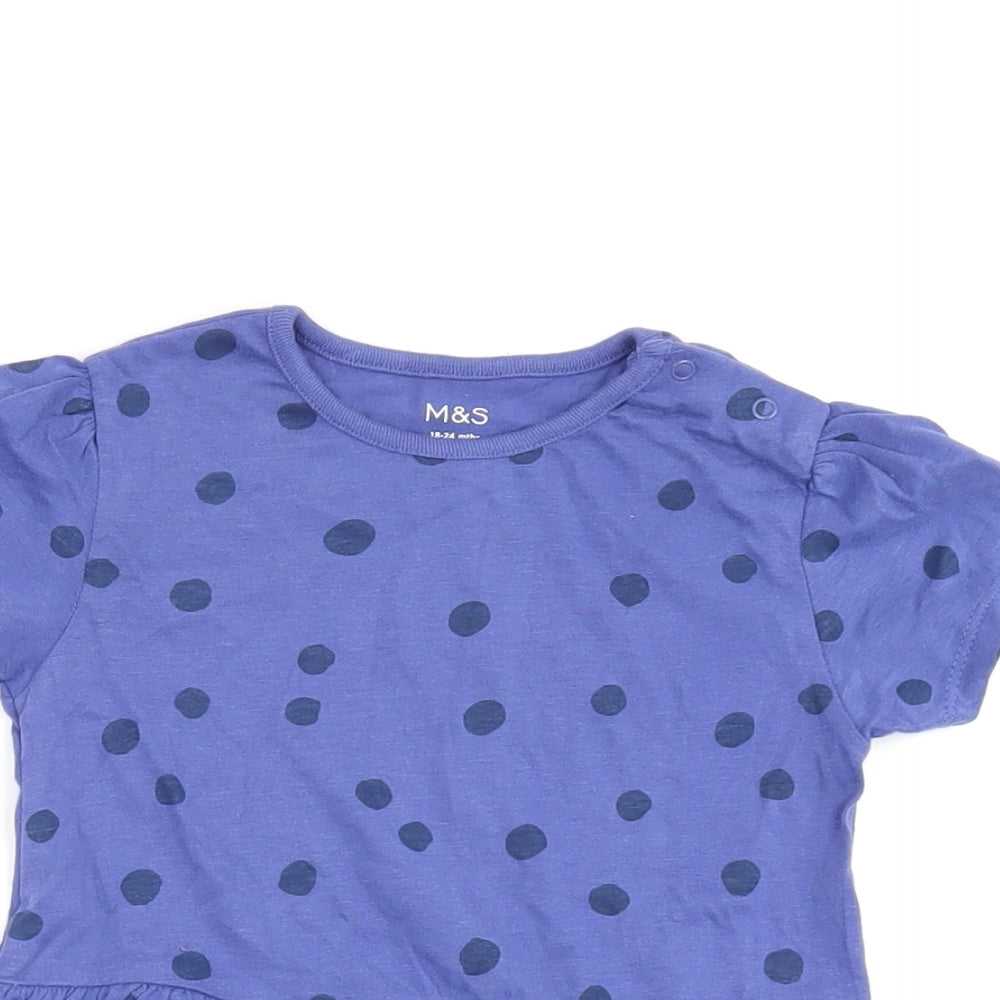 Marks and Spencer Girls Blue Polka Dot Cotton Basic T-Shirt Size 18-24 Months Round Neck Snap