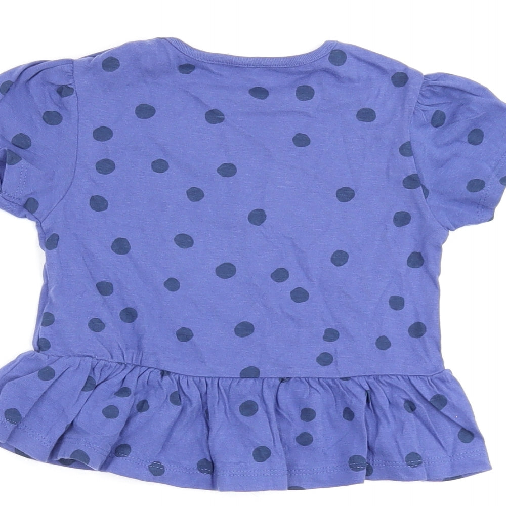 Marks and Spencer Girls Blue Polka Dot Cotton Basic T-Shirt Size 18-24 Months Round Neck Snap