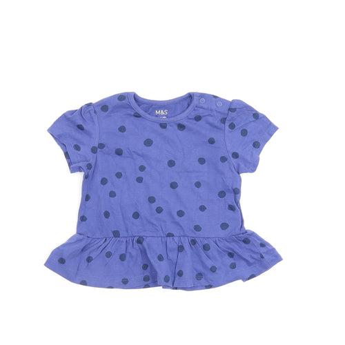 Marks and Spencer Girls Blue Polka Dot Cotton Basic T-Shirt Size 12-18 Months Round Neck Snap