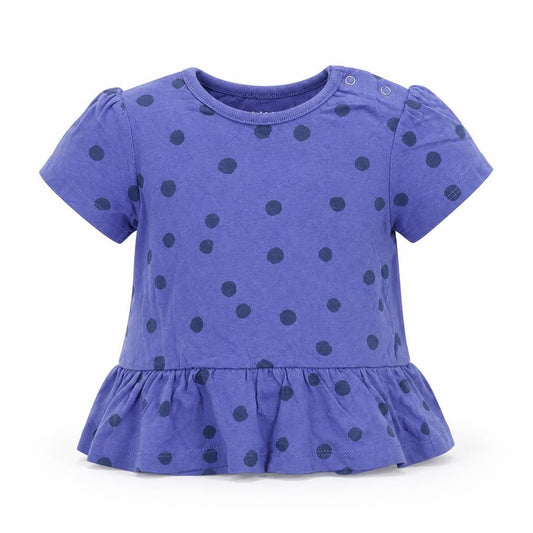 Front view of Marks & Spencer girls’ blue polka dot cotton basic t-shirt, size 12-18, months round neck snap