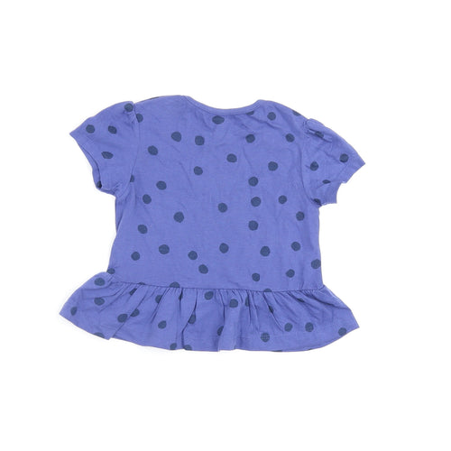 Marks and Spencer Girls Blue Polka Dot Cotton Basic T-Shirt Size 12-18 Months Round Neck Snap