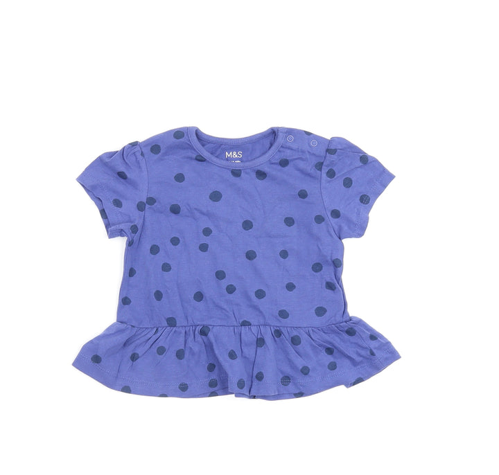 Marks and Spencer Girls Blue Polka Dot Cotton Basic T-Shirt Size 12-18 Months Round Neck Snap