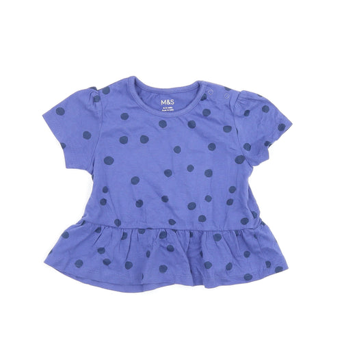 Marks and Spencer Girls Blue Polka Dot Cotton Basic T-Shirt Size 9-12 Months Round Neck Snap