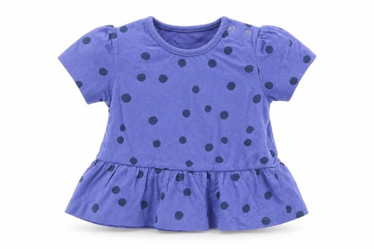 Front view of Marks & Spencer girls’ blue polka dot cotton basic t-shirt, size 9-12, months round neck snap