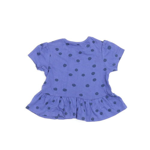 Marks and Spencer Girls Blue Polka Dot Cotton Basic T-Shirt Size 9-12 Months Round Neck Snap