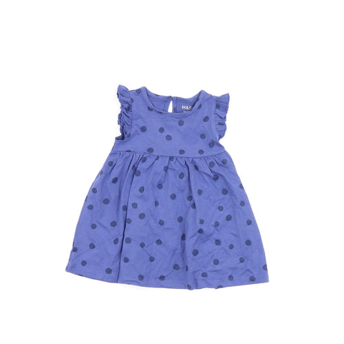 Marks and Spencer Girls Blue Polka Dot Cotton A-Line Size 3-6 Months Round Neck Button