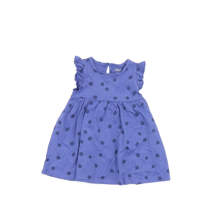 Marks and Spencer Girls Blue Polka Dot Cotton A-Line Size 3-6 Months Round Neck Button