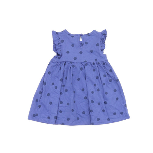 Marks and Spencer Girls Blue Polka Dot Cotton A-Line Size 3-6 Months Round Neck Button