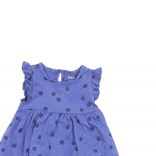 Marks and Spencer Girls Blue Polka Dot Cotton A-Line Size 3-6 Months Round Neck Button