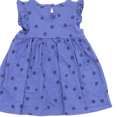 Marks and Spencer Girls Blue Polka Dot Cotton A-Line Size 3-6 Months Round Neck Button