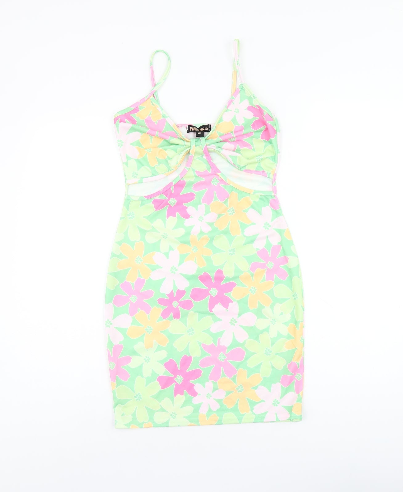 Pink Vanilla Womens Green Floral Polyester Bodycon Size 8 V-Neck Pullover