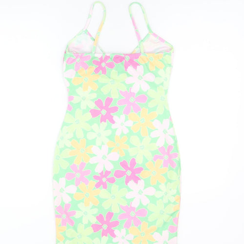 Pink Vanilla Womens Green Floral Polyester Bodycon Size 8 V-Neck Pullover