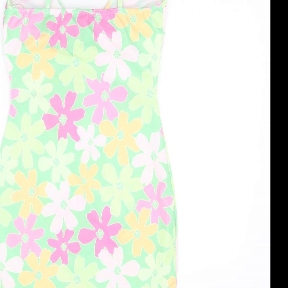 Pink Vanilla Womens Green Floral Polyester Bodycon Size 8 V-Neck Pullover