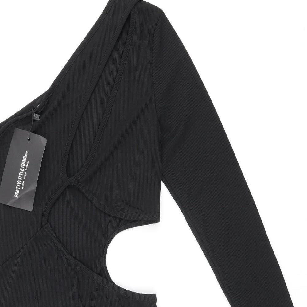 PRETTYLITTLETHING Womens Black Polyester Bodycon Size 12 One Shoulder Pullover