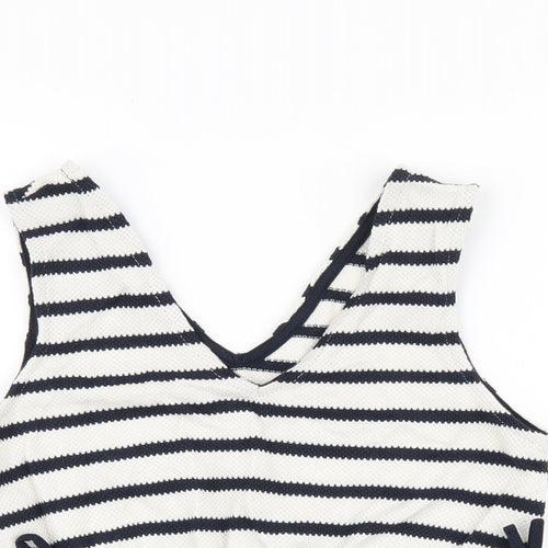 River Island Girls White Striped Cotton Basic T-Shirt Size 9-10 Years V-Neck Pullover