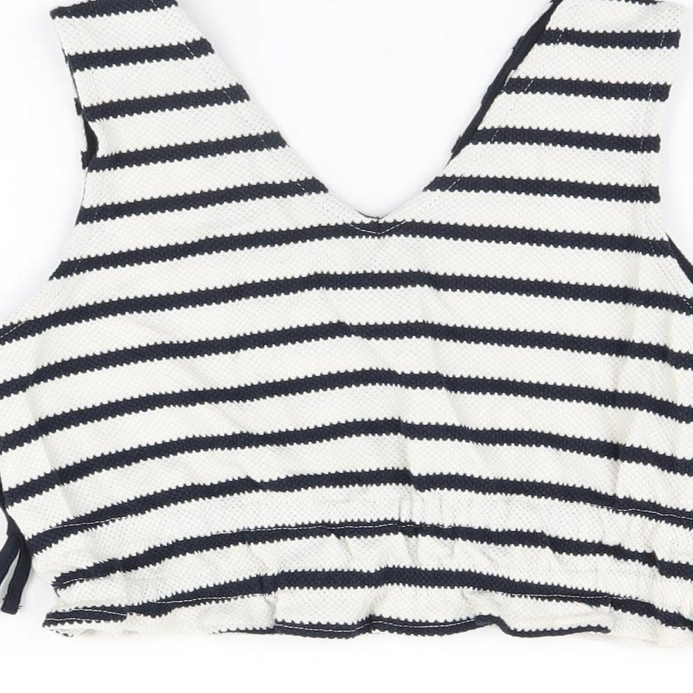 River Island Girls White Striped Cotton Basic T-Shirt Size 9-10 Years V-Neck Pullover