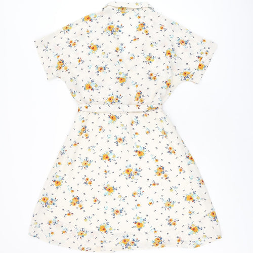 Monteau Womens Ivory Floral Polyester A-Line Size M Collared Button - Belted