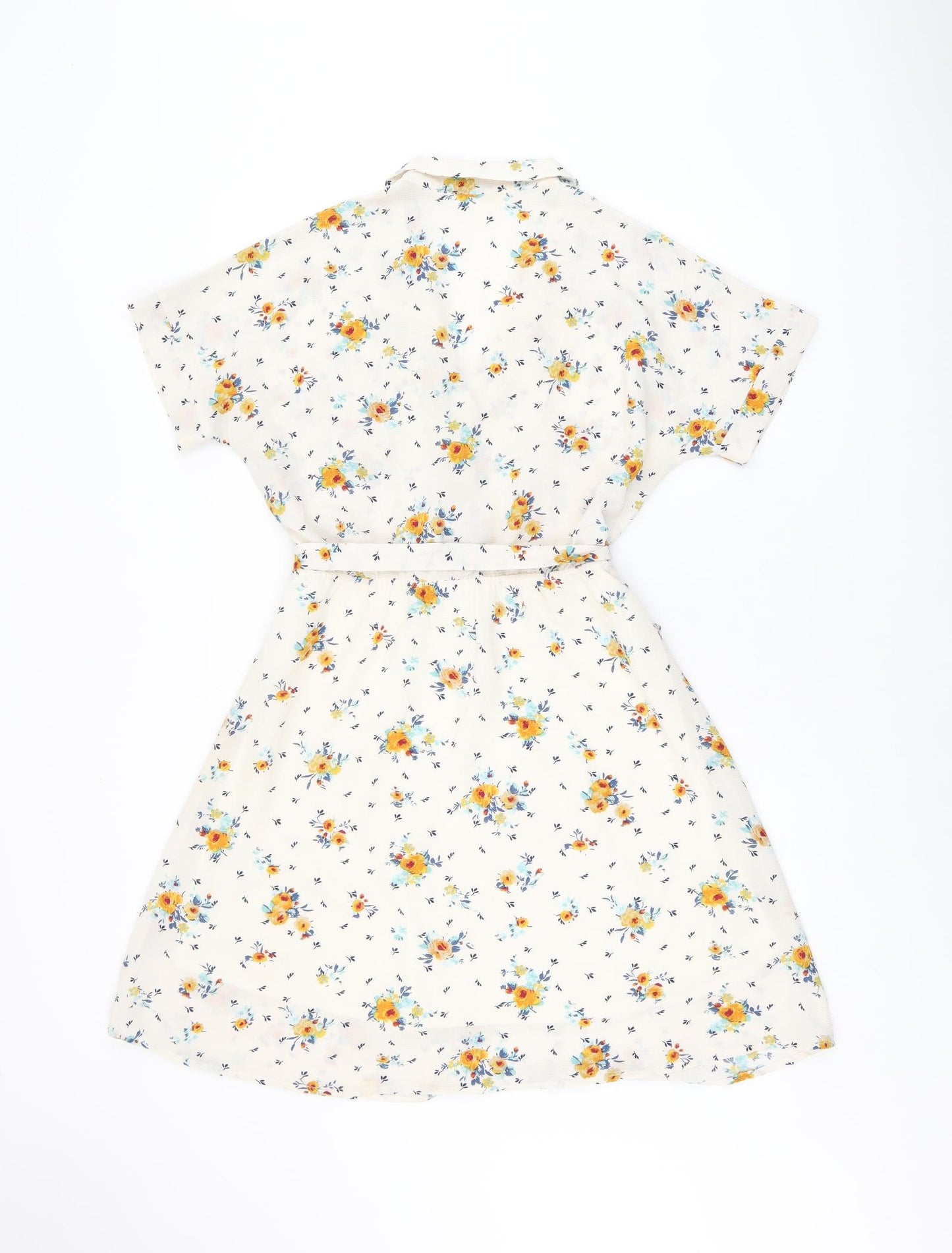 Monteau Womens Ivory Floral Polyester A-Line Size M Collared Button - Belted