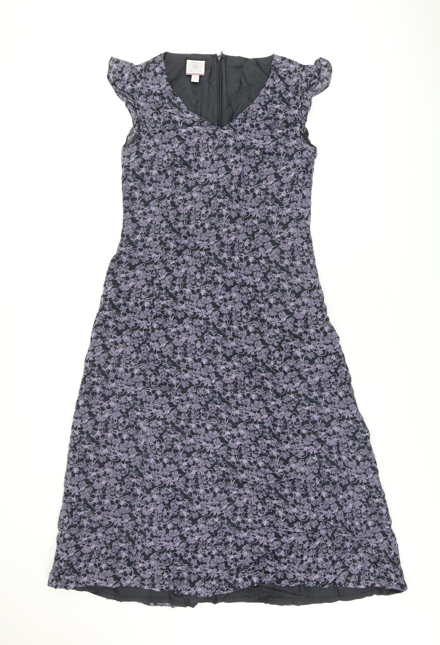 Laura Ashley Womens Black Floral Viscose A-Line Size 10 V-Neck Zip