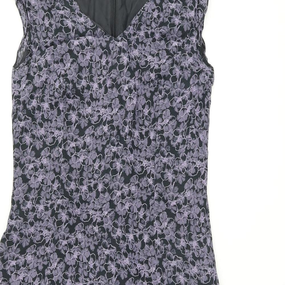 Laura Ashley Womens Black Floral Viscose A-Line Size 10 V-Neck Zip