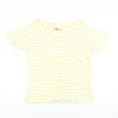 Marks and Spencer Womens Yellow Striped Cotton Basic T-Shirt Size 16 Boat Neck