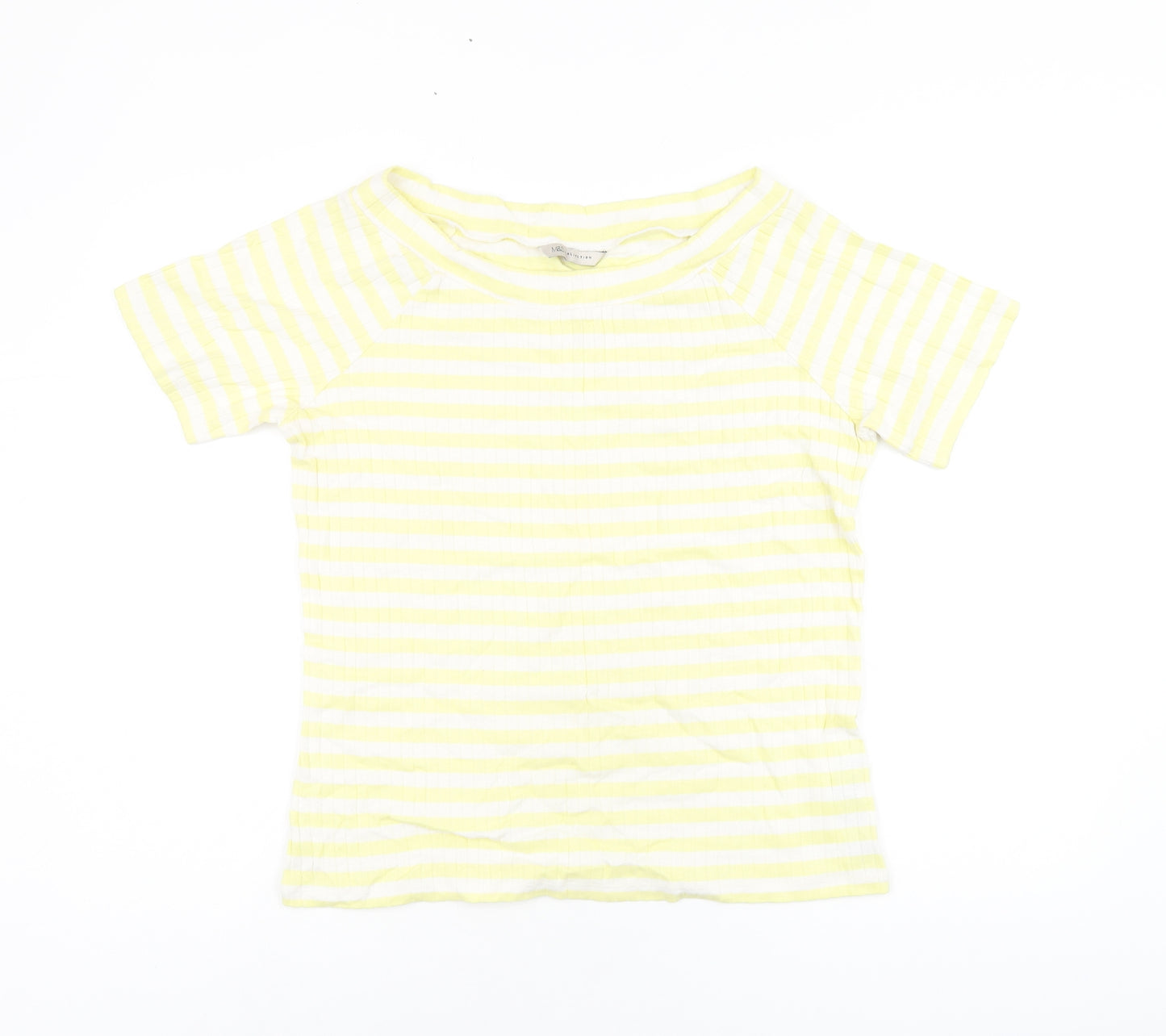 Marks and Spencer Womens Yellow Striped Cotton Basic T-Shirt Size 16 Boat Neck