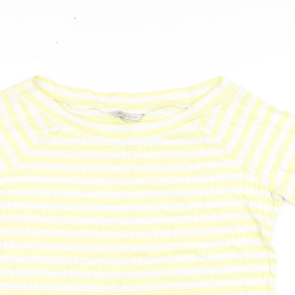 Marks and Spencer Womens Yellow Striped Cotton Basic T-Shirt Size 16 Boat Neck