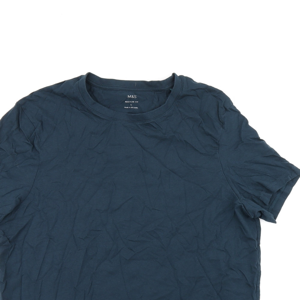Marks and Spencer Womens Blue Cotton Basic T-Shirt Size L Round Neck