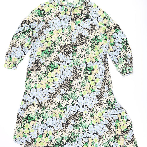 H&M Womens Black Floral Viscose Shift Size XL Collared Button