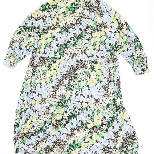 H&M Womens Black Floral Viscose Shift Size XL Collared Button