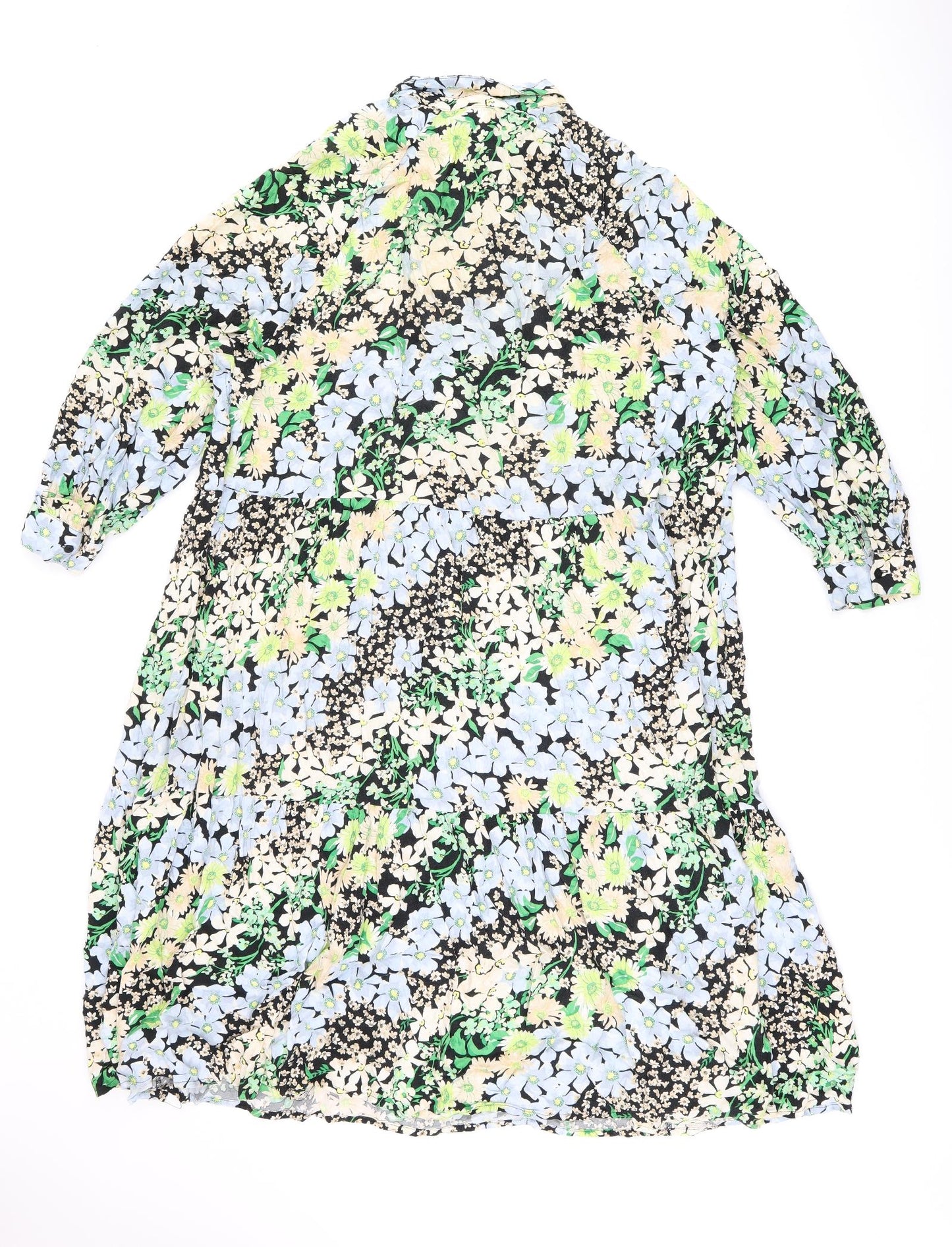 H&M Womens Black Floral Viscose Shift Size XL Collared Button