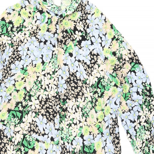 H&M Womens Black Floral Viscose Shift Size XL Collared Button