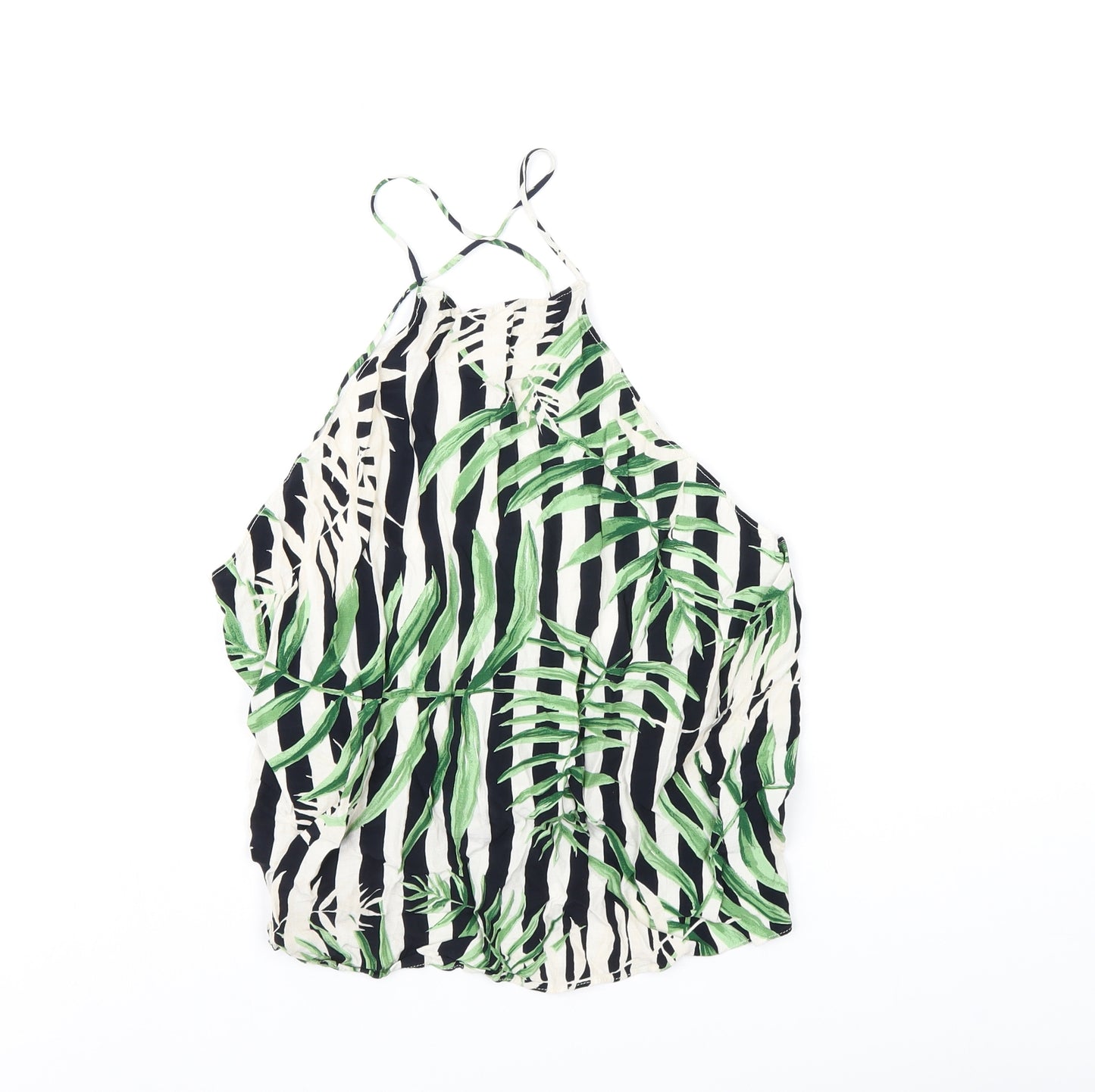 Zara Womens Multicoloured Striped Viscose Basic T-Shirt Size M Halter - Leaf Print